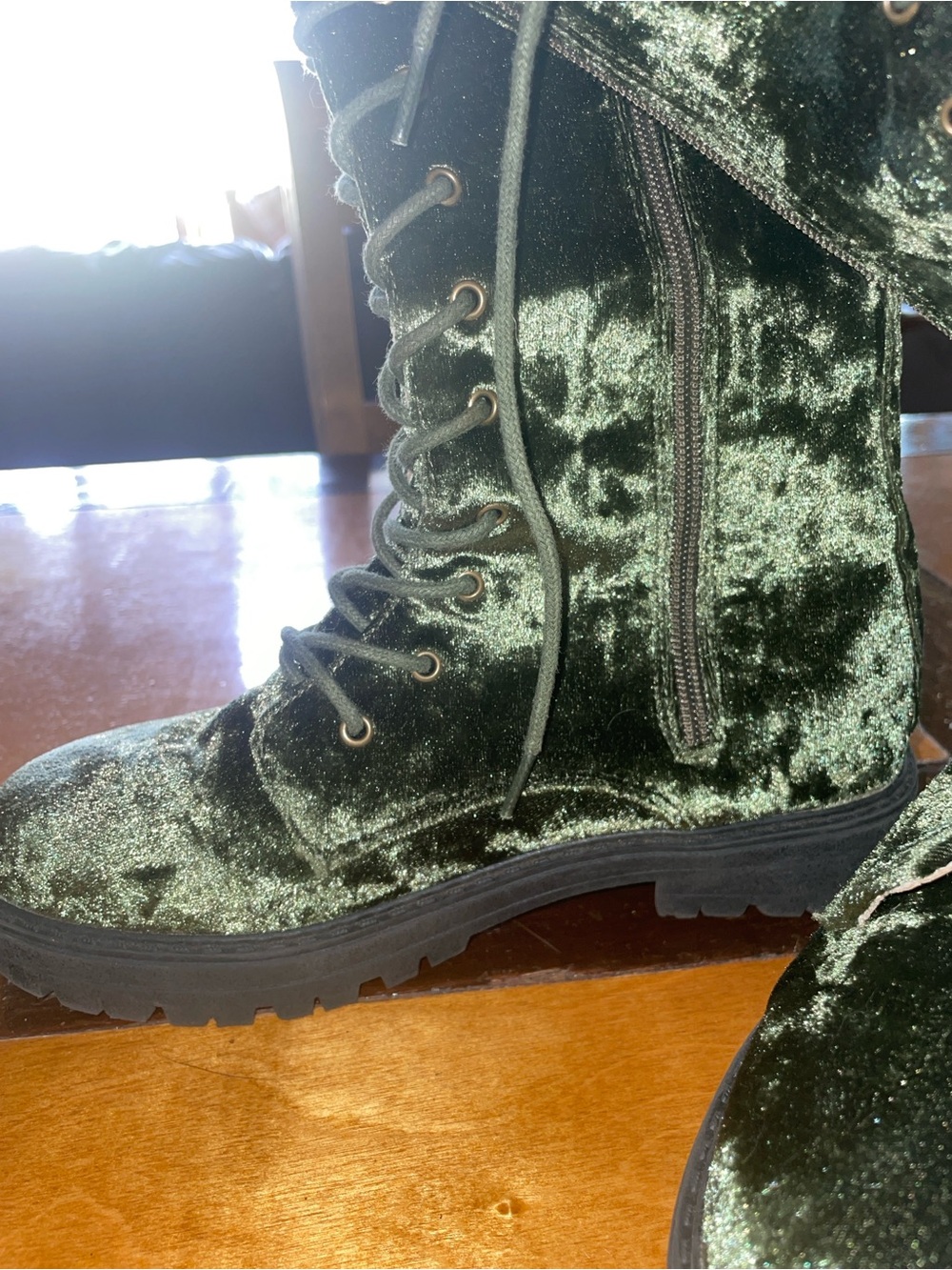 A BEAR CO. Velvet Lace-Up Combat Boots - Avocado Green, Size 4